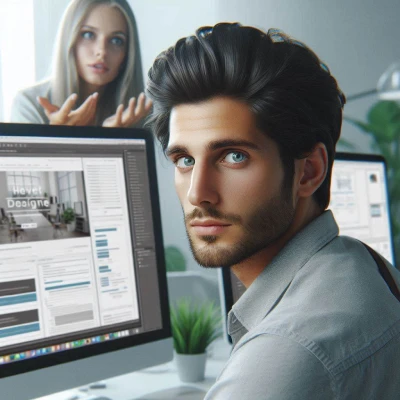 An AI generated image of web designer working at a desk being harassed by a client in a suit.