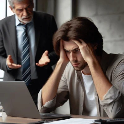 An AI generated image of a frustrated web developer holding his head in his hands while a business executive in a suit harasses him to work harder.