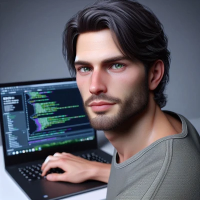 An AI generated profile picture that's supposed to be Ben working on some code on his laptop.