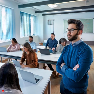 An AI generated image of a despondent web developer staring at a laptop while a friend excitedly pitches a terrible app idea to him.